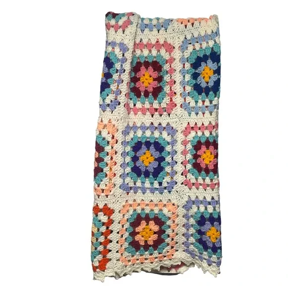 Handmade Crochet Granny Square Colorblock Floral Afghan Small Size Throw Blanket